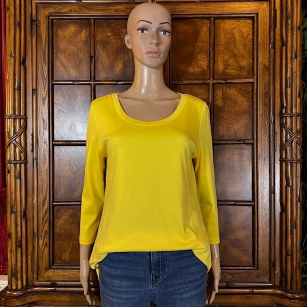 Isaac Mizrahi Live! Yellow Pima Cotton 3/4 Sleeve Side Slit Scoop Neck Top